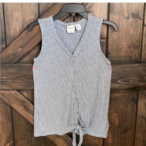 Rachel Zoe Linen Stripe Tie Front Sleeveless Button Tank Top Blue White XS